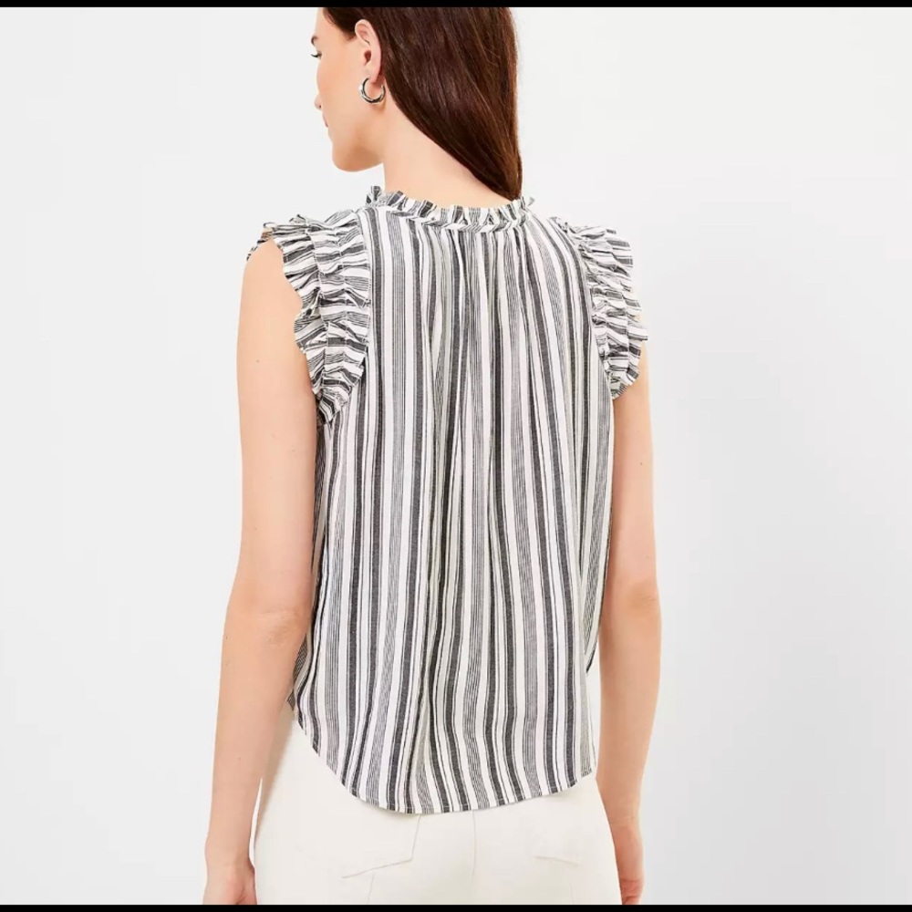 Loft Striped Ruffle Split Neck Shell - image 2